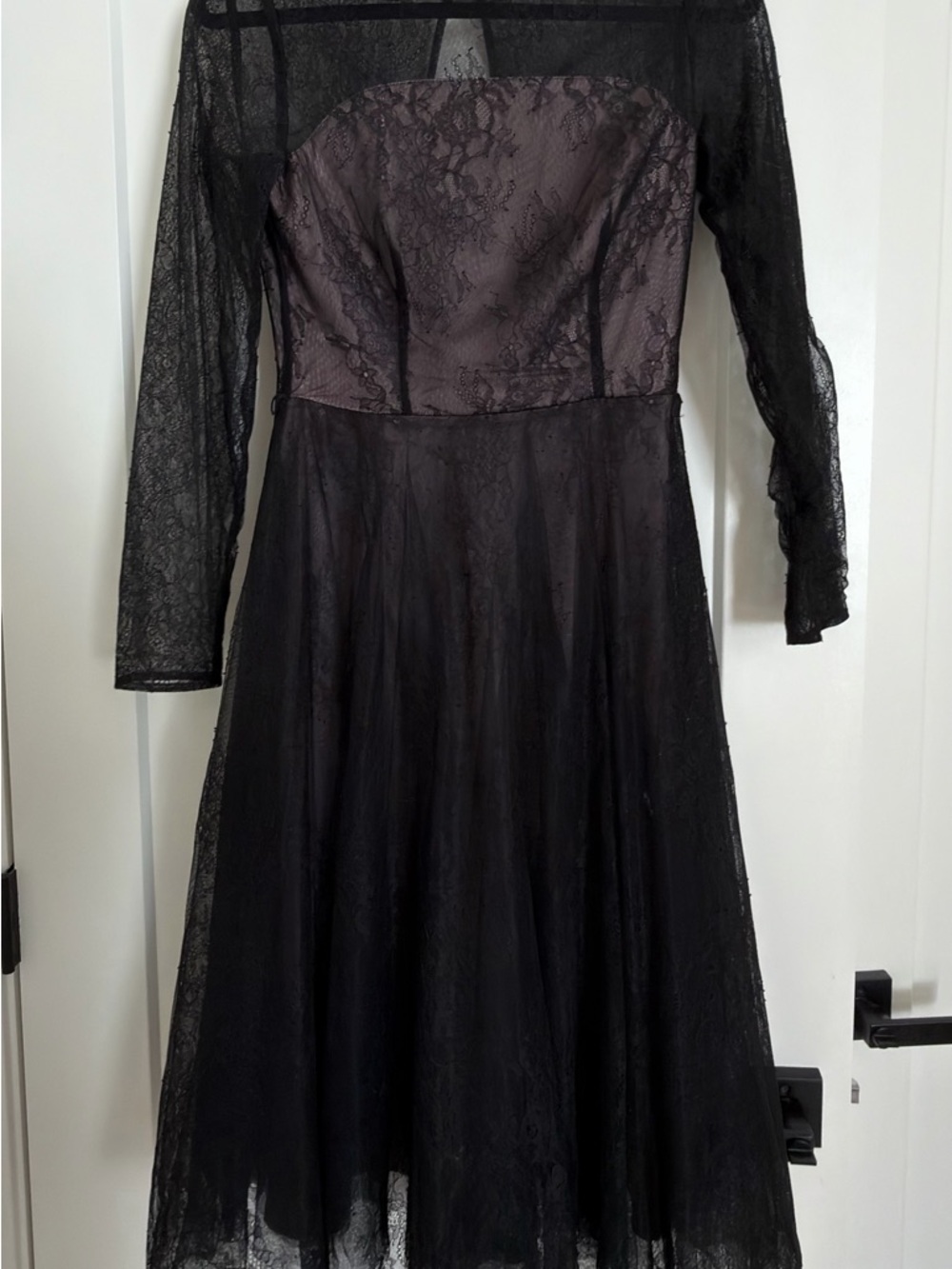 Sheer Lace Long-Sleeve Black Midi Dress